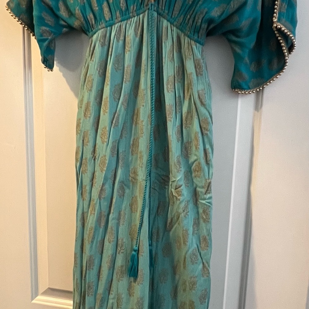 Boston Proper Teal and Gold Maxi Dress